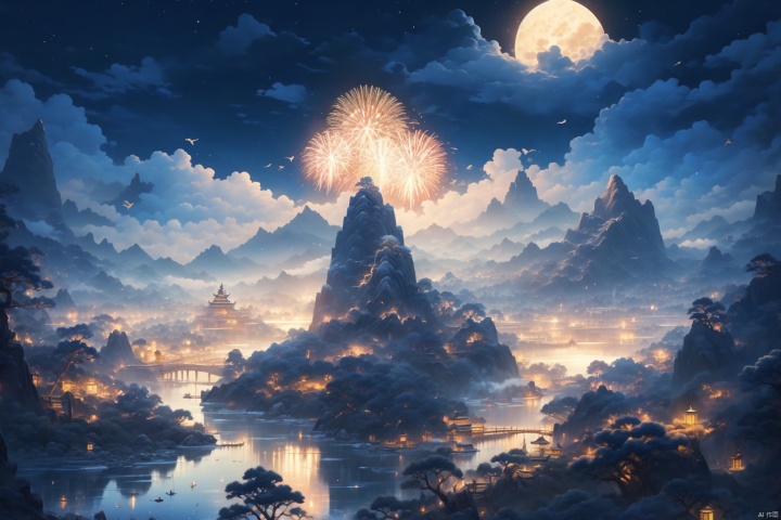  (best quality), (masterpiece), (ultra-detailed), illustration, 8k wallpaper, best illustration, (extremely detailed CG unity 8k wallpaper), huge filesize,tree, no humans, outdoors, scenery, architecture, east asian architecture, cloud, water, bird, night, sky, torii, waterfall, fish, leaf, moon, reflection, nature, mountain, building, blue sky, rock,fireworks