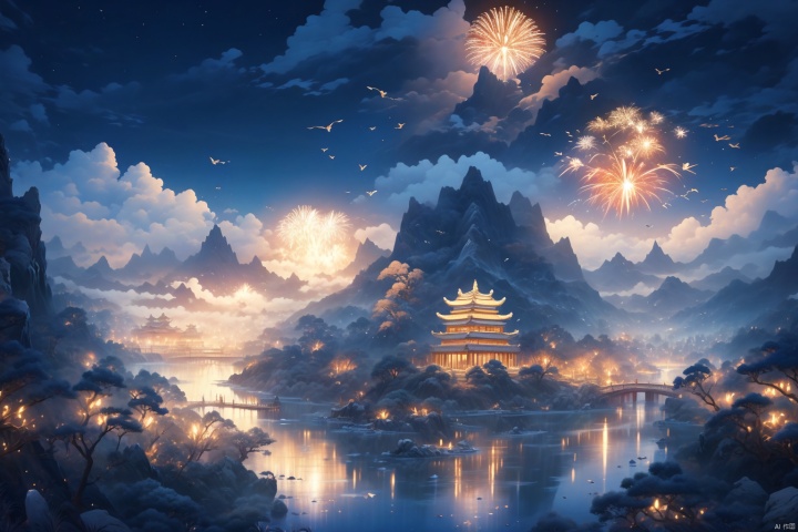  (best quality), (masterpiece), (ultra-detailed), illustration, 8k wallpaper, best illustration, (extremely detailed CG unity 8k wallpaper), huge filesize,tree, no humans, outdoors, scenery, architecture, east asian architecture, cloud, water, bird, night, sky, torii, waterfall, fish, leaf, moon, reflection, nature, mountain, building, blue sky, rock,fireworks
