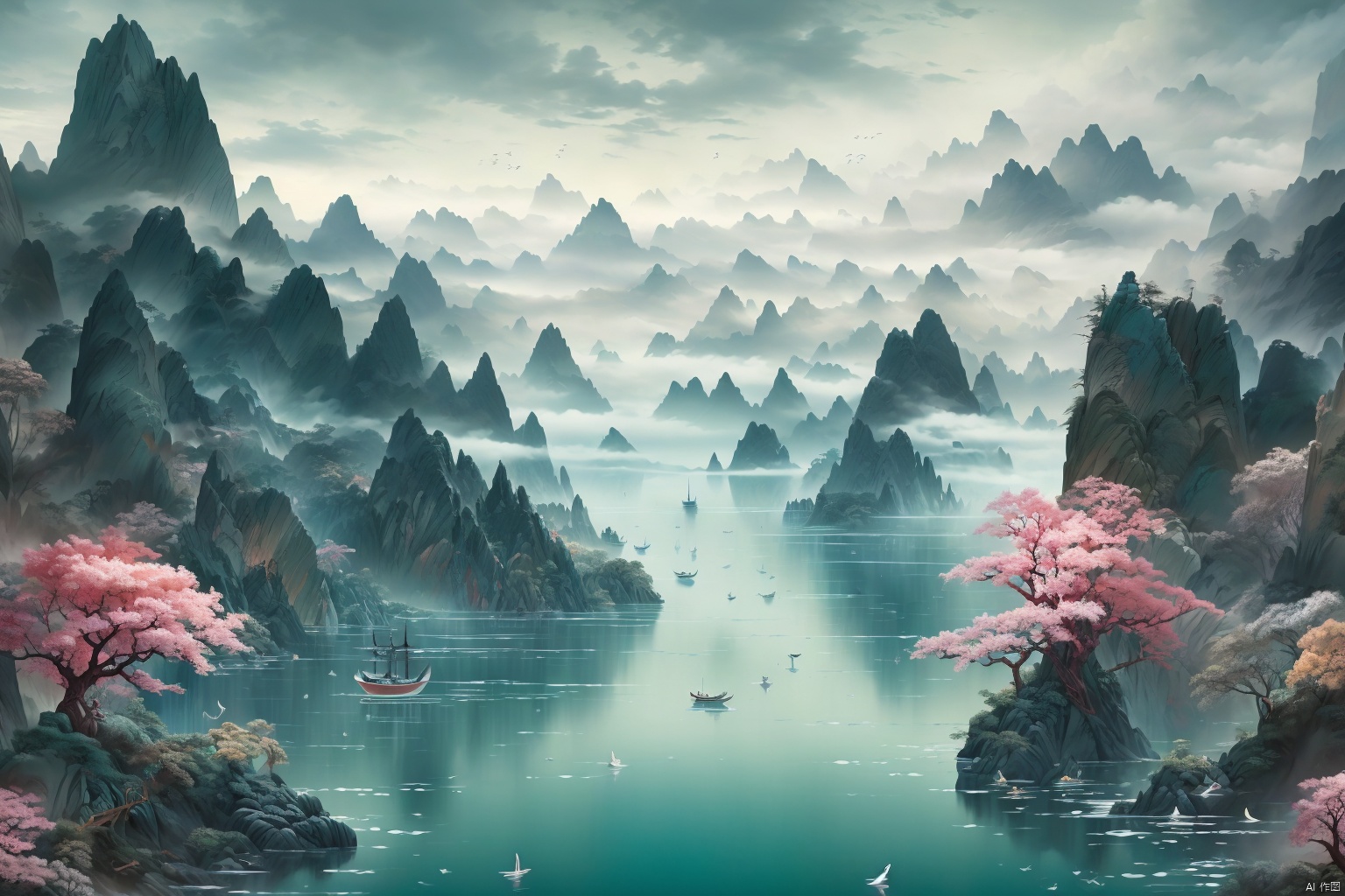  (best quality), (masterpiece), (ultra-detailed), illustration, 8k wallpaper, best illustration, (extremely detailed CG unity 8k wallpaper), huge filesize,landscape,scenery, outdoors, water, mountain, no humans, bird, cloud, sky, watercraft, boat, day, fog, waterfall, oriental cherry,tree, lake, cliff