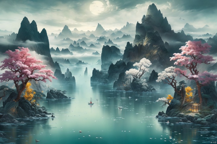 (best quality), (masterpiece), (ultra-detailed), illustration, 8k wallpaper, best illustration, (extremely detailed CG unity 8k wallpaper), huge filesize,landscape,scenery, outdoors, water, mountain, no humans, bird, cloud, sky, watercraft, boat, day, fog, waterfall, oriental cherry,tree, lake, cliff