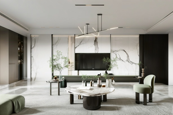 Indoor living room, TV, coffee table, chandelier, green plants, carpet, glass door cabinet, minimalist style, realistic, high-definition