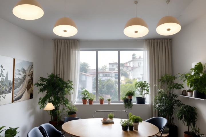 indoors, cup, no humans, window, chair, table, plant, scenery, plate, potted plant, coffee, ceiling light,bright_pupils,curtain