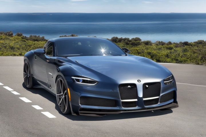 A sleek, black sports car with luxurious lines and premium detailing glides effortlessly down a sun-kissed highway on a crystal-clear day. Shot in stunning 4K resolution, the camera captures the vehicle's every curve and contour as it zooms along the open road, framed by a brilliant blue sky and a scattering of wispy clouds.
