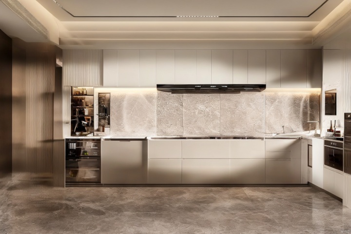 High end kitchen, cabinets, modern, minimalist, bright, natural light, high-definition, kitchenware, windows desktop,wall tiles,Smooth wall surface,Stone texture