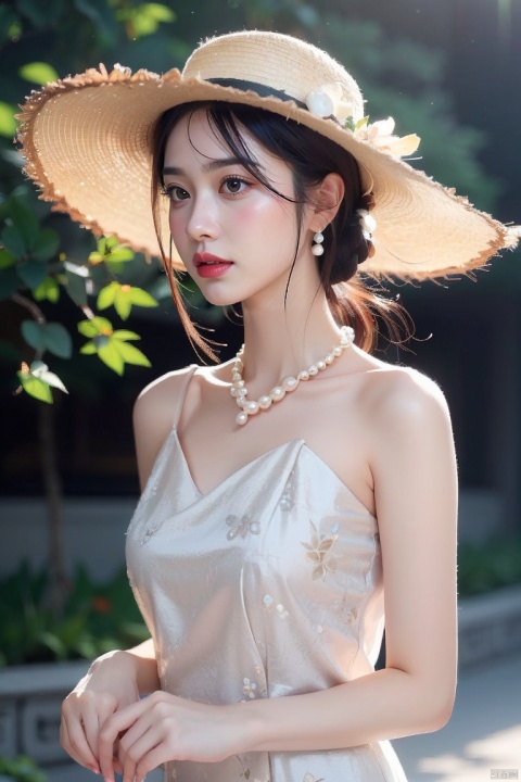 A woman wearing a straw hat, Wearing a simple pearl necklace and pearl earrings, light gray and light beige, detailed, gentle and focused romanticism, overhead shot, dim flowers in the foreground, depth of field, Canon R6, bright soft ambient outdoor light, liuyifei