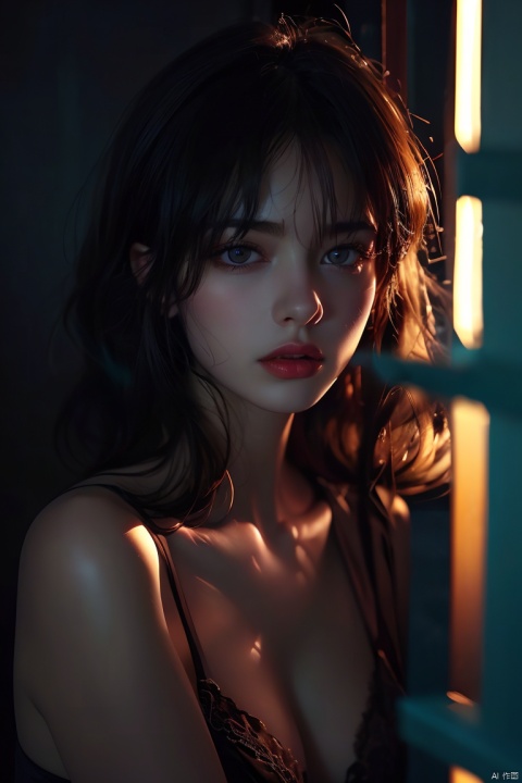  (original photo, best quality)(realistic, realistic: 1.2) , 1 girl, middle breast, cleavage, underwear, upper body, high quality, (high-detail skin: 1.4) , puffy eyes, gorgeous hair, (darkroom: 1.3) , (edge lighting: 1.3) , (Night: 1.3) , (Night: 1.3) , interior, portrait, black hair, dark background, long hair