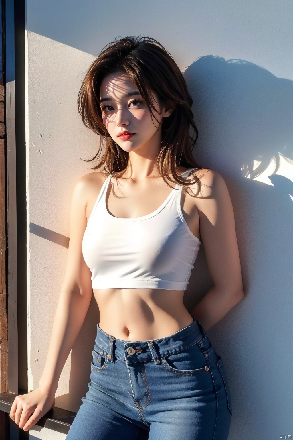  1girl, solo, breasts, looking at viewer, smile, brown hair, black hair, navel, bare shoulders, brown eyes, jewelry, closed mouth, standing, collarbone, cowboy shot, midriff, pants, lips, shadow, **** top, denim, jeans, realistic, arms at sides, 1girl,short skirt, （\personality\）, 1 girl,moyou