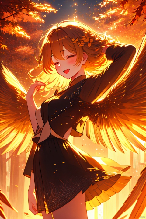  (wings:1.5), aki shizuha, 1girlaki shizuha blonde hair short hair yellow eyes leaf hair ornamentred shirtskirtlong sleeves, sunset, 8kcg wallpaper, (ultra detailed:1.4), illustration, cinema light, autumn leaves season, 1girl, autumn leaves hair ornament, blush, open mouth, smile, one eye closed, looking out of the viewer, (((touch your hair with one hand))), autumn evening, swaying wind, beautiful background, sunlight filtering through the foliage, scattered light
, (\shen ming shao nv\), ((poakl)), (\ji jian\), jiqing