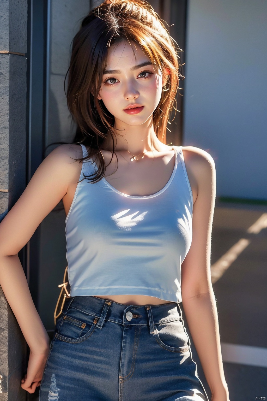  1girl, solo, breasts, looking at viewer, smile, brown hair, black hair, navel, bare shoulders, brown eyes, jewelry, closed mouth, standing, collarbone, cowboy shot, midriff, pants, lips, shadow, **** top, denim, jeans, realistic, arms at sides, 1girl,short skirt, （\personality\）, 1 girl,moyou