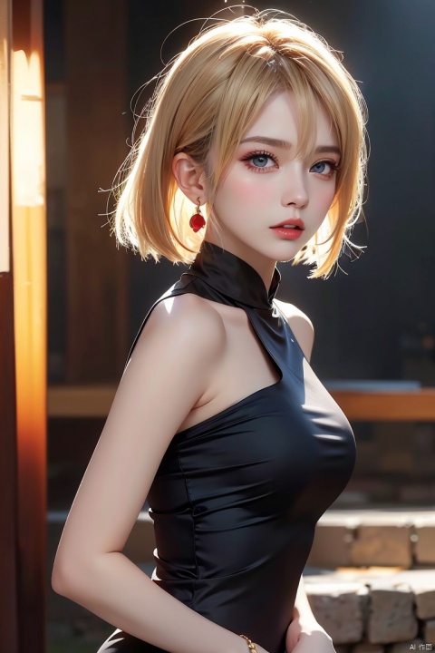  1girl,blonde hair,solo,blue eyes,jewelry,earrings,android 18,short hair,realistic,looking at viewer,upper body,breasts,lips,medium breasts,from side,shirt,grey background,bare shoulders,nose,sleeveless,black shirt,simple background,eyelashes,closed mouth,artist name,makeup,looking to the side,red lips,expressionless,off shoulder,looking back,bangs,sleeveless shirt,from behind,bob cut,jacket,forehead,parted lips,official art,extremely detailed CG unity 8k wallpaper,perfect lighting,Colorful,Bright_Front_face_Lighting,(masterpiece:1),(best_quality:1),ultra high res,8K,ultra-detailed, ((poakl)), (\shen ming shao nv\), (\yan yu\), (\ji jian\), 1 girl