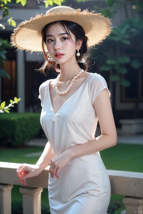 A woman wearing a straw hat, Wearing a simple pearl necklace and pearl earrings, light gray and light beige, detailed, gentle and focused romanticism, overhead shot, dim flowers in the foreground, depth of field, Canon R6, bright soft ambient outdoor light, liuyifei