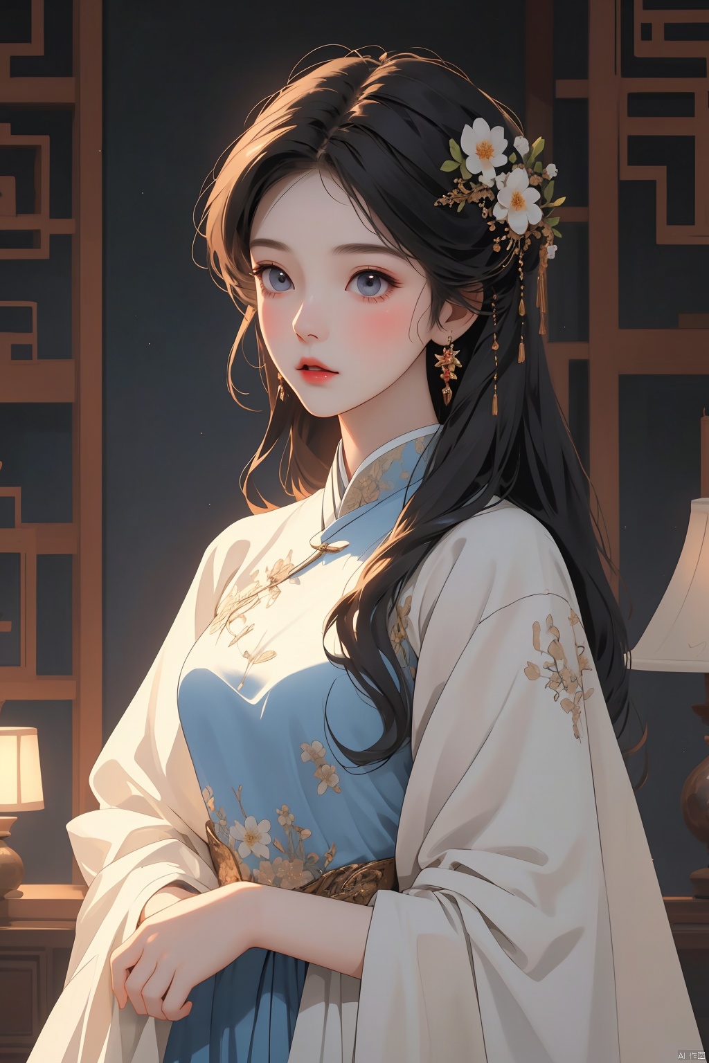  best quality ,masterpiece, illustration, an extremely delicate and beautiful, extremely detailed ,CG ,unity ,8k wallpaper, Amazing, finely detail, masterpiece,best quality,official art,extremely detailed CG unity 8k wallpaper,
1girl, solo, long hair, hair ornament, long sleeves, dress, jewelry, blue hair, upper body, flower, earrings, blue dress, chinese clothes, ((poakl)),（Porcelain texture：1.2）, maolilan