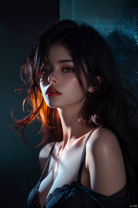  (original photo, best quality)(realistic, realistic: 1.2) , 1 girl, middle breast, cleavage, underwear, upper body, high quality, (high-detail skin: 1.4) , puffy eyes, gorgeous hair, (darkroom: 1.3) , (edge lighting: 1.3) , (Night: 1.3) , (Night: 1.3) , interior, portrait, black hair, dark background, long hair