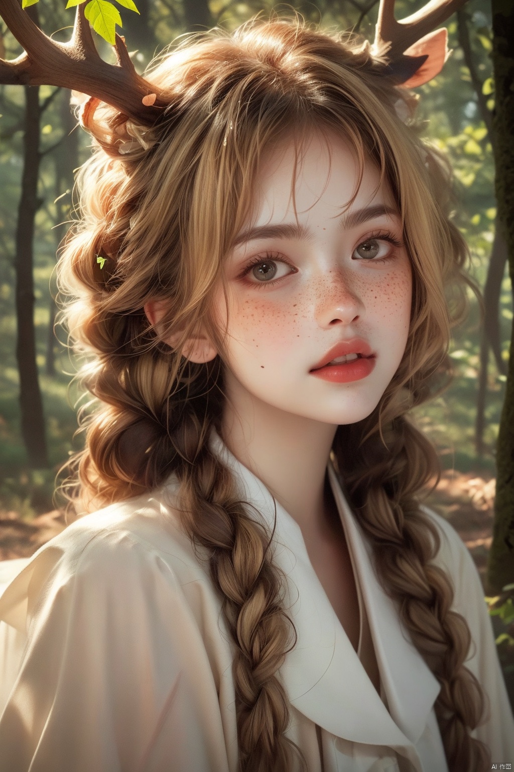 Vintage portrait, photography style, soft focus, pure face,Deer, girl, antlers, vine with leaves, Blonde hair, European and American advanced face, freckles, Detailed light and shadow, Wind, (Strong Sunshine),Two plaits, The forest,Front light source,
, 1girl, 1 girl
