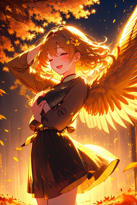  (wings:1.5), aki shizuha, 1girlaki shizuha blonde hair short hair yellow eyes leaf hair ornamentred shirtskirtlong sleeves, sunset, 8kcg wallpaper, (ultra detailed:1.4), illustration, cinema light, autumn leaves season, 1girl, autumn leaves hair ornament, blush, open mouth, smile, one eye closed, looking out of the viewer, (((touch your hair with one hand))), autumn evening, swaying wind, beautiful background, sunlight filtering through the foliage, scattered light
, (\shen ming shao nv\), ((poakl)), (\ji jian\), jiqing