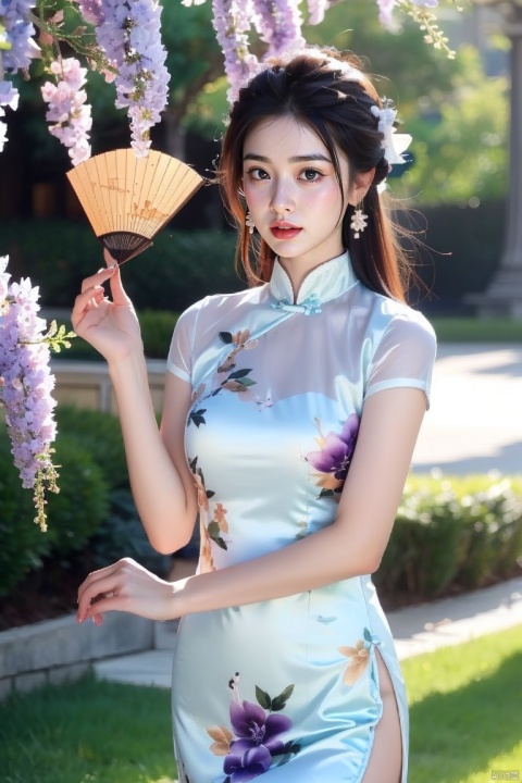 1girl, blurry, blurry_background, blurry_foreground, depth_of_field, motion_blur, hand_fan, bokeh, photo_\(medium\), solo, dress, chinese_clothes, black_hair, earrings, lips, 3d, photo_background, holding, focused, jewelry, wisteria, holding_fan, looking_at_viewer, photorealistic, china_dress,extremely detailed CG unity 8k wallpaper,masterpiece, best quality, ultra-detailed, beautiful detailed eyes:1.2,best illumination, (best shadow, an extremely delicate and beautiful, bloom),best quality, masterpiece, highres, original, extremely detailed wallpaper, perfect lighting,(extremely detailed CG:1.2), drawing, paintbrush,, 