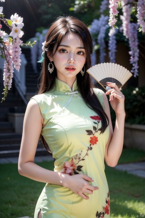 1girl, blurry, blurry_background, blurry_foreground, depth_of_field, motion_blur, hand_fan, bokeh, photo_\(medium\), solo, dress, chinese_clothes, black_hair, earrings, lips, 3d, photo_background, holding, focused, jewelry, wisteria, holding_fan, looking_at_viewer, photorealistic, china_dress,extremely detailed CG unity 8k wallpaper,masterpiece, best quality, ultra-detailed, beautiful detailed eyes:1.2,best illumination, (best shadow, an extremely delicate and beautiful, bloom),best quality, masterpiece, highres, original, extremely detailed wallpaper, perfect lighting,(extremely detailed CG:1.2), drawing, paintbrush,, , 1 girl