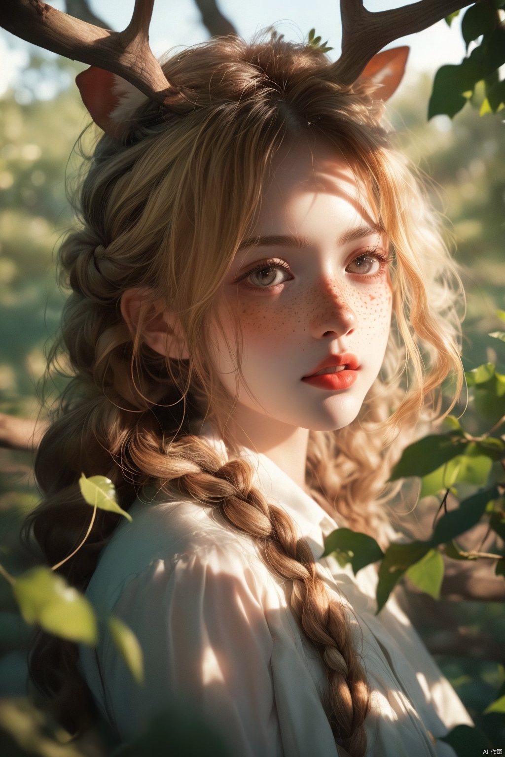  Vintage portrait, photography style, soft focus, pure face,Deer, girl, antlers, vine with leaves, Blonde hair, European and American advanced face, freckles, Detailed light and shadow, Wind, (Strong Sunshine),Two plaits, The forest,Front light source,
, 1girl, 1 girl