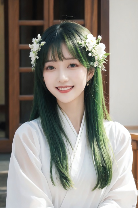  (best quality),(masterpiece),1girl, flower,white dress, solo, green hair, long hair, smile, open mouth, looking at viewer, bangs, white flower, green eyes,
, hanfu , hair ornament , chinese clothes,moyou