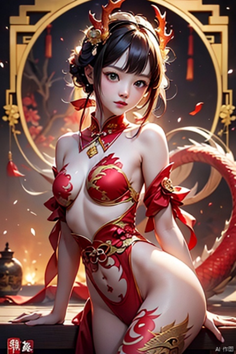 Happy New Year,Sexy,Medium chest,Chinese Knot,龙年,two zero two four New Year,1girl,Dragon,Oriental Dragon,Loli