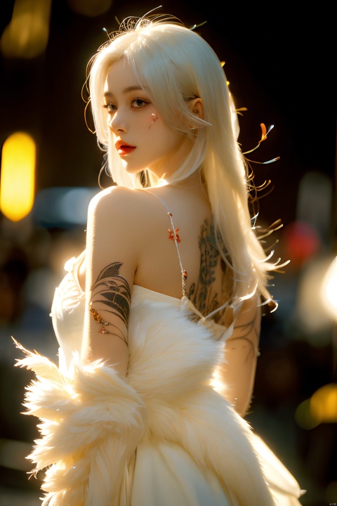 (1girl), light and shadow, glowing, white hair, long hair, wind, two-tone body, two-tone hair, (put nothing on:1.8),(cleavage: 1.4), shine tatoo, upper body, (photorealistic:1.4), flash, cinematic angle, mysterious, magical, obsidain, backlighting, fluctuation, 8k, photo, red, translucent, X-ray, goddess, (chakra:1.2),dress, glowing body, elegant, ntricate details, highly detailed,cinematic, dimmed colors, dark shot, muted colors, film grain, bokeh, realistic, realistic skin, depth blur, blurry background, The eye,tattooing, stars,Beautiful back