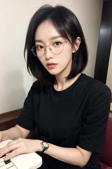 1girl, solo, looking at viewer, short hair, shirt, upper body, glasses, indoors, lips, black shirt, instrument, watch, realistic, round eyewear, wristwatch, piano, keyboard \(instrument\)