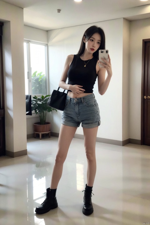 1girl, solo, long hair, brown hair, shirt, holding, standing, full body, shorts, sleeveless, indoors, sleeveless shirt, phone, black shorts, white footwear, cellphone, smartphone, reflection, holding phone, mirror, selfie,transparent,naked,nude,no_clothes,nudity,unclothed,stalkings,stockings,pubic hair,kneehigh boots, vaginal,Semi naked,nose blush, breast grab