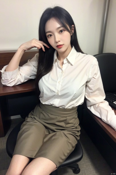  1girl, solo, skirt, brown hair, shirt, sitting, white shirt, indoors, chair, desk, pencil skirt, watch, realistic, pen, office lady