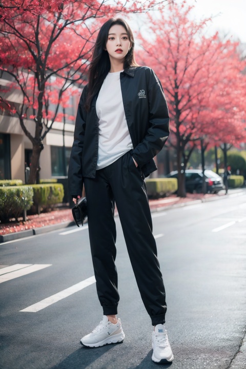 1girl, solo, shirt, black hair, standing, outdoors, shoes, day, pants, tree, black shirt, realistic, holding clothes, road