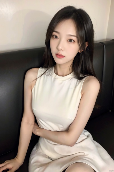 1girl, solo, long hair, looking at viewer, brown hair, black hair, dress, bare shoulders, brown eyes, lying, sleeveless, indoors, white dress, lips, sleeveless dress, on side, couch, realistic