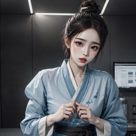  solo, hair_bun, long_sleeves, hanfu, chinese_clothes, , masterpiece, Optimum quality, Pretty face, (girls:1.6), (style by artist Andrew Jones), city, Science and technology, Future, cyberpunk, spanking,