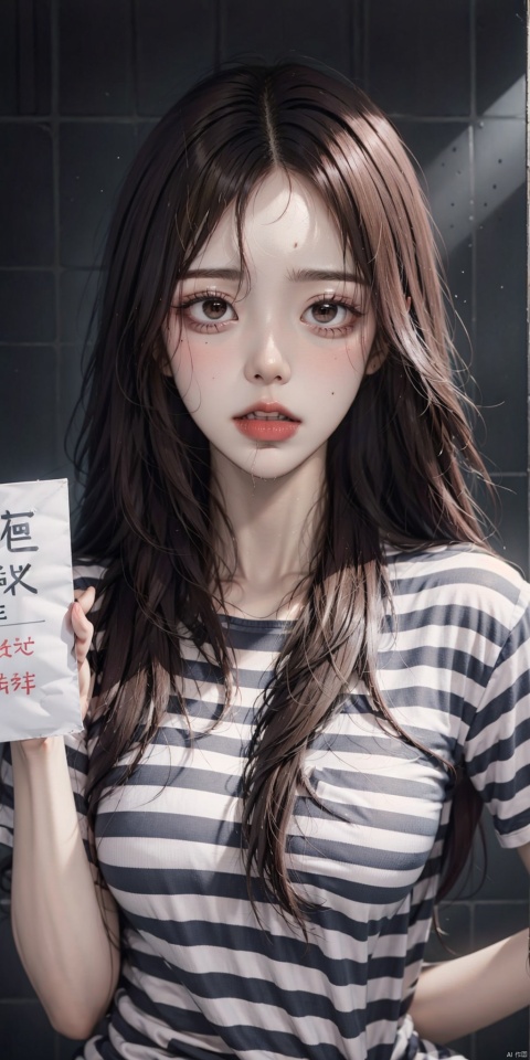 masterpiece, best quality, illustration, mugshot, height chart, 1girl, upper body, holding sign, looking at viewer, messy long blonde hair, narrowed , prison clothes, striped shirt 