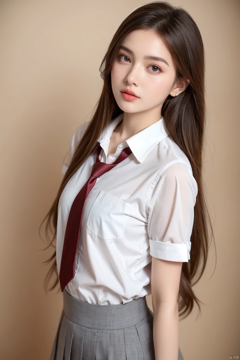 high resolution,Clean background,brown_eyes,full_shot,solo,Cute,20 years old,1girl,looking_at_viewer,long_hair,brown_hair,lips,flat chest,skinny,School uniforms,
