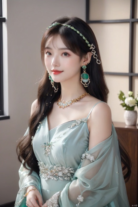 (a 30-year-old girl:1.4),chinese clothes,dress,black hair,long sleeves,long hair,highest quality,masterpiece,UHD,rich details,exquisite visuals,perfect portrayal,8K,(hair accessories, earrings, jewelry:1.7),(indoors:1.6),smile,(for audience:1.4),,,wearing light green hanfu,green ribbon,