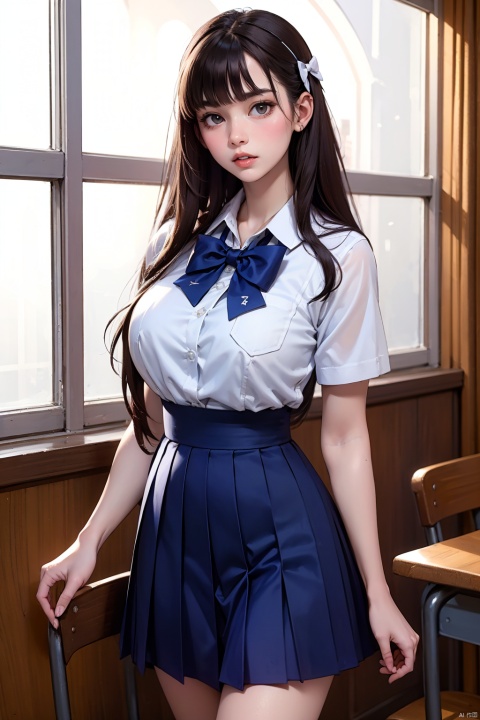 (masterpiece, best quality:1.4),finely detailed,1girl,solo,pale skin,perfect body,standing,(large breasts:1.3),blue bow,blue bowtie,blue skirt,killer,school uniform,white shirt,(cowboy_shot:1.2),