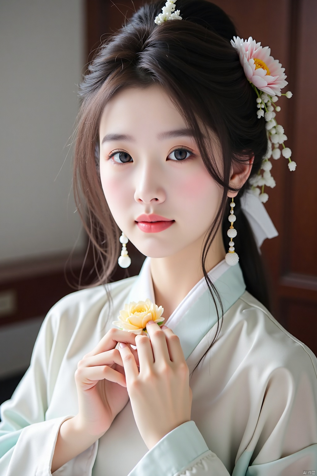 a 20 year girl, solo, long hair, looking at viewer, black hair, hair ornament, long sleeves, holding, brown eyes, jewelry, upper body, flower, earrings, parted lips, blurry, blurry background, chinese clothes, realistic, hanfu
85mm lens, masterpiece, (extremely exquisite), (best quality), ultra-high resolution, HDR, ultra-high definition, 8K, best quality, highly detailed, clear focus, physics based rendering, professional, (full body: 1.3),correct human body structure,
