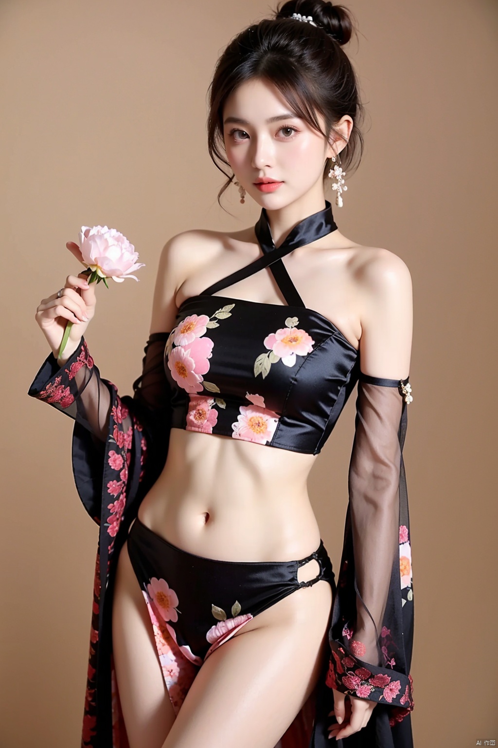 1girl, solo, breasts, looking at viewer, bangs, black hair, hair ornament, long sleeves, dress, bare shoulders, jewelry, medium breasts, closed mouth, standing, flower, thighs, earrings, detached sleeves, hair flower, wide sleeves, hair bun, black eyes, black dress, double bun, covered navel, thigh strap, no panties, bird, chinese clothes, floral print, white flower, red flower, china dress, pelvic curtain, pink flower, side slit, orange flower, peony \(flower\)