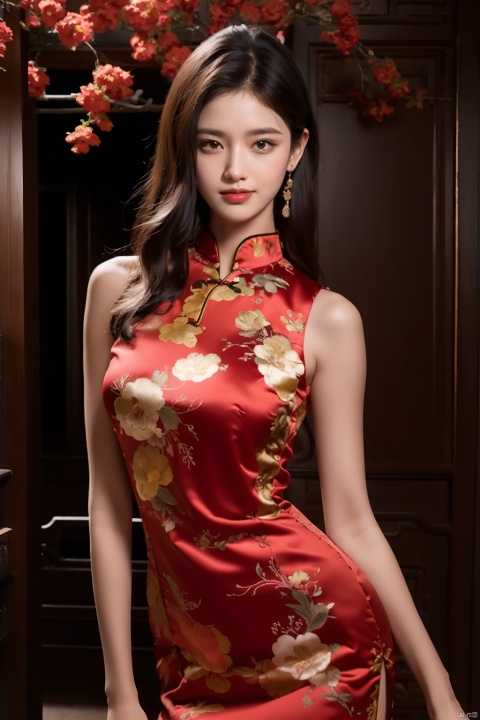 qp, 1girl, solo, dress, realistic, smile, brown eyes, looking at viewer, black hair, red dress, chinese clothes, breasts, china dress, sleeveless