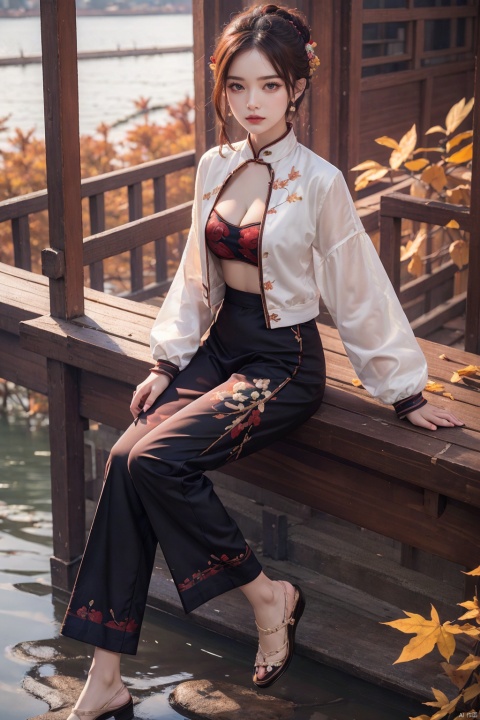 1girl,solo,looking at viewer,cleavage,falling,rippling autumn waters,serene autumn:1.5,bsurdres,highly detailed,official art,extremely detailed CG,unity 8k wallpaper,best quality,masterpiece,cheongsam,embroidered jacket,silk pants,jade accessories,