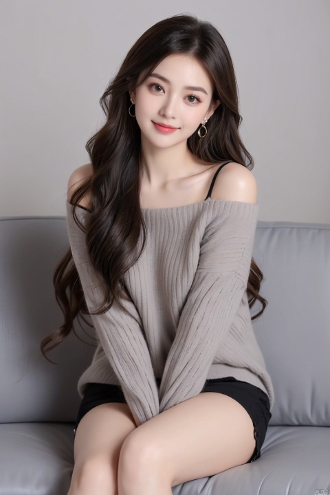 1girl, solo, long hair, earrings, jewelry, sitting, sweater, looking at viewer, head tilt, couch, hand between legs, very long hair, lips, wavy hair, between legs, brown hair, watermark, black hair, closed mouth, smile, artist name, brown eyes, grey background, black eyes, eyelashes