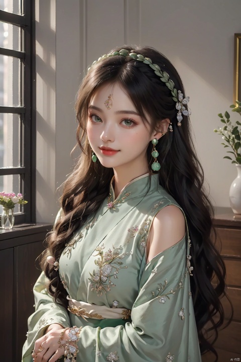 (a 30-year-old girl:1.4),chinese clothes,dress,black hair,long sleeves,long hair,highest quality,masterpiece,UHD,rich details,exquisite visuals,perfect portrayal,8K,(hair accessories, earrings, jewelry:1.7),(indoors:1.6),smile,(for audience:1.4),,,wearing light green hanfu,green ribbon,