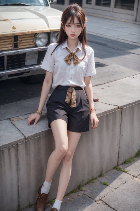 1girl, solo, Full Body, long_hair, horsetail, small fresh style, pride,skin texture,jewelry,shirt,fancy brooch,pants, bracelet, shorts, Realistic, masterpiece, highest quality, high resolution,dundar,moyou, dyzgqzm, Tray, wide-angle lens, bottom shot,