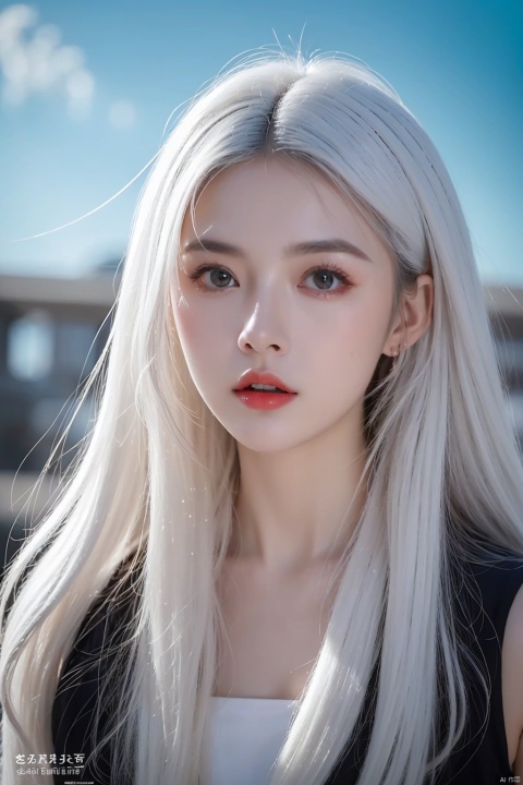 (dramatic, gritty, intense:1.4),masterpiece,best quality,32k uhd,insane details,intricate details,hyperdetailed,hyper quality,high detail,ultra detailed,Masterpiece,super vista,abandoned,1girl,solo,long hair,(white hair:1.4),A shot with tension,(sky glows cyan,Visual impact,giving the poster a dynamic and visually striking appearance:1.2),,
