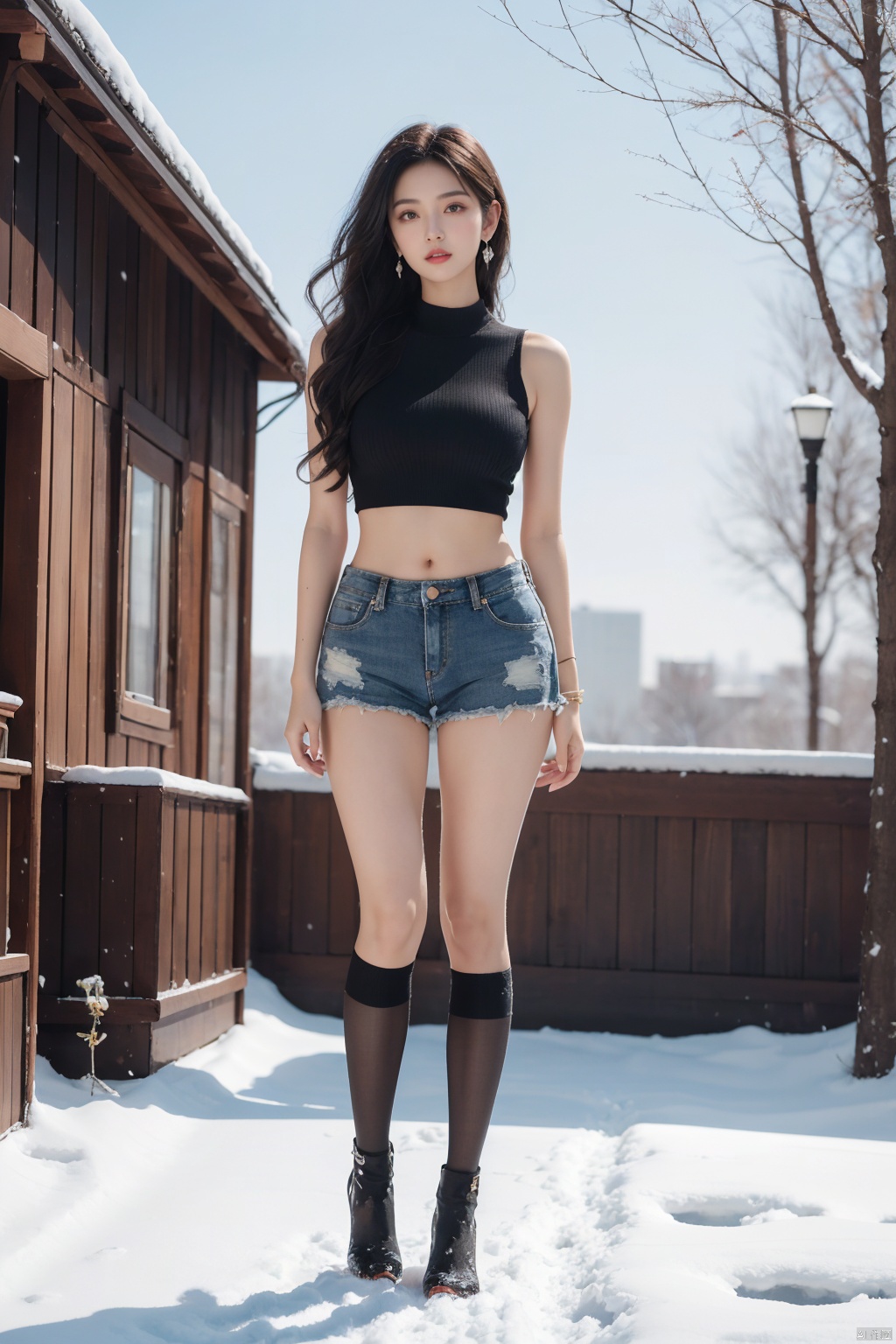 1girl,asian,(detailed background, outdoor,highly detailed background,flying snow,), colorful hair,arrings, parted lips, realistic, female focus, masterpiece,high resolution,1girl,ultra-detailed,extreme detailed, gradient,detailed eyes, mature female, (wide hips), thighhighs,chubby legs,sweater, ,jewelry,eyeshadow,earrings,puffy cloth,jean shorts, (highest detailed hair) ,full body, stunning colors, bold colors,hard light