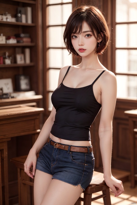 1girl,arms_behind_back,bare_shoulders,black_hair,cowboy_shot,indoors,lipstick,makeup,realistic,red_lips,short_hair,sleeveless,solo,standing,leg seams,exposed vagina,(camisole:1.3),(breast:1.3),