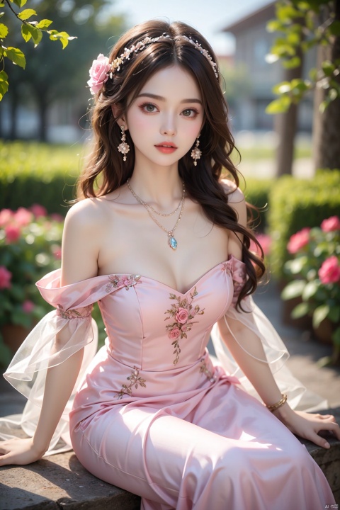 1girl,dress,flower,solo,brown hair,pink dress,sitting,rose,plant,long hair,blurry,bare shoulders,pink flower,jewelry,pink rose,necklace,depth of field,off-shoulder dress,parted lips,off shoulder,breasts,looking at viewer,collarbone,lips,vines,strapless,princess,strapless dress,blurry foreground,full body,earrings,