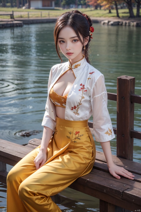 1girl,solo,looking at viewer,cleavage,falling,rippling autumn waters,serene autumn:1.5,bsurdres,highly detailed,official art,extremely detailed CG,unity 8k wallpaper,best quality,masterpiece,cheongsam,embroidered jacket,silk pants,jade accessories,