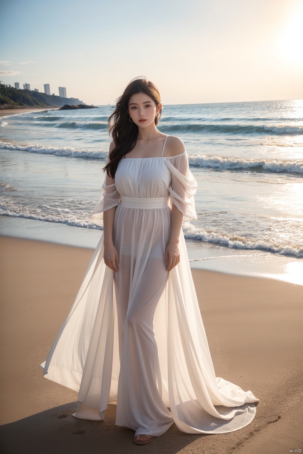 Sun,beach,beautiful sight,delicate face,panorama,reality,realism,Full Body Photo,Long Clothes,makeup,Face Perfect,plump,huge filesize,in summer,