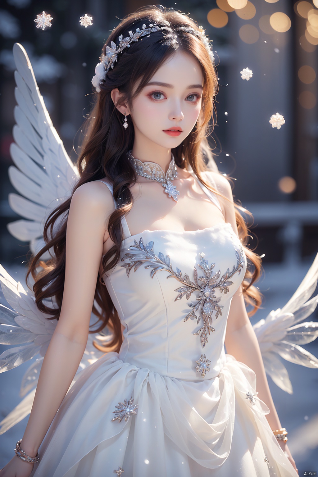 (masterpiece:1.3),(best quality:1.3),ice crystal clothes,(ice crystal wings:1.4),original,extremely,detailed wallpaper,perfect,(extremely detailed CG:1.2),8k,exquisites,(depth of field:1.3),
1girl,long hair,large breasts,looking at viewer,hair ornament,dynamic pose,(snow background:1.5),