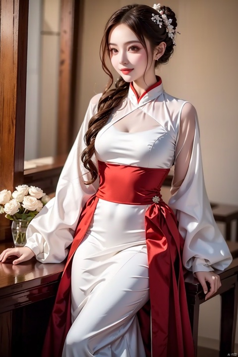 an ancient girl, hanfu, full_body, elegant, smile, masterpiece, best quality,
Wearing a rusty red satin coat with a dark white diamond pattern on it, a long dress with milky white soft silk on the ground, only a red petal flower branch and a white jade hairpin on the bun. The whole body is only red and white, which is very elegant and beautiful.
chrysanthemum